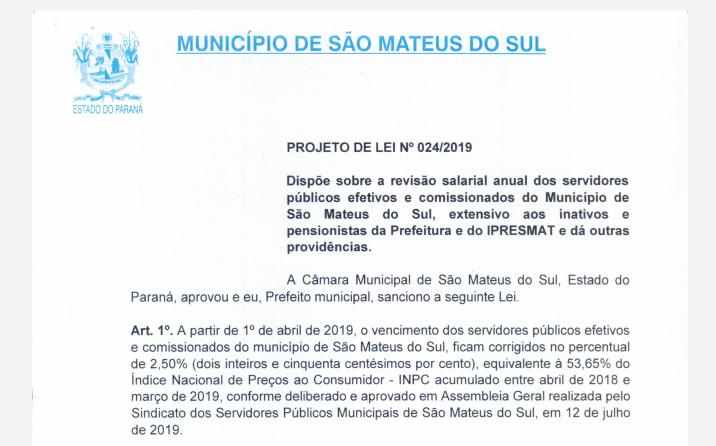  Projeto de Lei retorna à Câmara  e reposição dos servidores de  São Mateus do Sul ruma a 2,5%