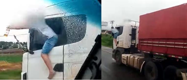  Vídeo; caminhoneiro é filmado dirigindo com corpo para fora de veículo e com garrafa de bebida na mão