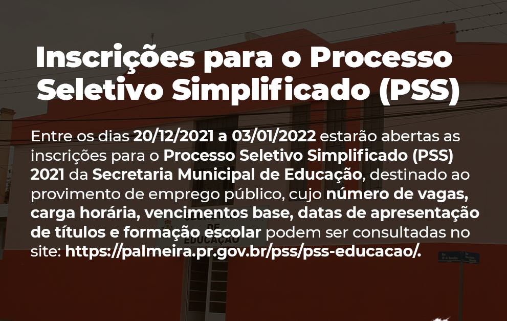 Inscrições abertas para o Processo Seletivo Simplificado (PSS) em Palmeira