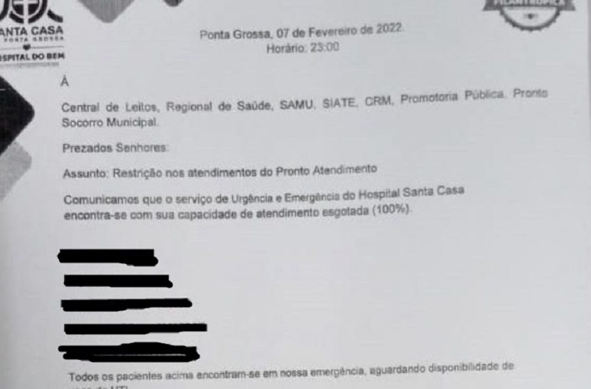  Santa Casa de Ponta Grossa fecha Pronto Atendimento por lotação em suas UTIs