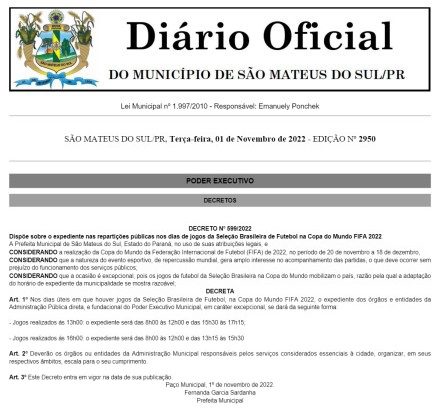  Prefeitura de São Mateus do Sul divulga decreto acerca do expediente dos órgãos públicos no período da Copa do Mundo