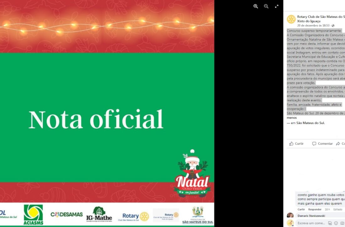 Rotary Club informa suspensão do concurso de Ornamentação Natalina após post mudando critérios