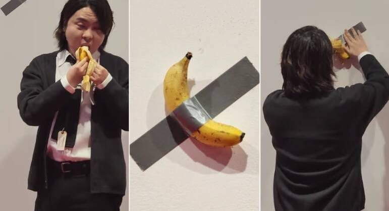  Estudante come obra de arte feita com banana colada na parede avaliada em R$ 600 mil