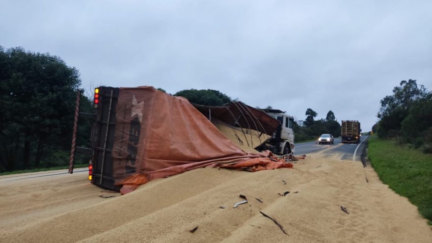  Acidente na BR-277: caminhão carregado com farelo de soja tomba entre Irati e Palmeira