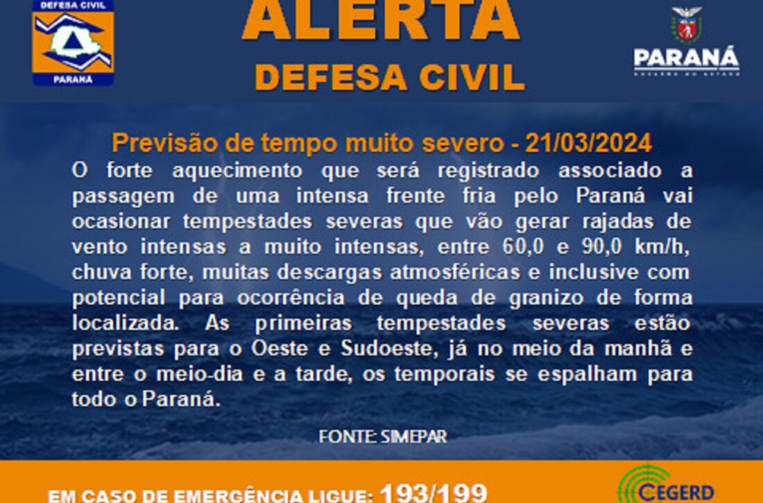  Defesa Civil alerta para temporais no Paraná, podendo atingir São Mateus do Sul