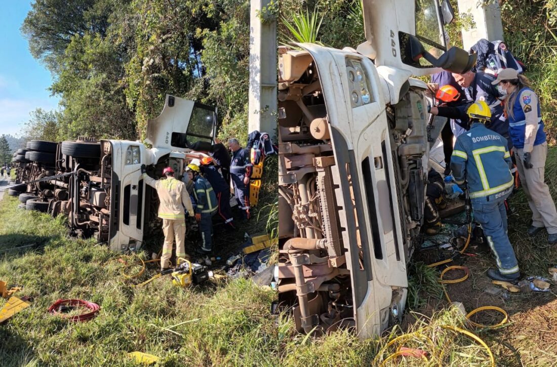  Caminhão de bebidas tomba na PR-151 em São João do Triunfo; condutor ficou preso nas ferragens
